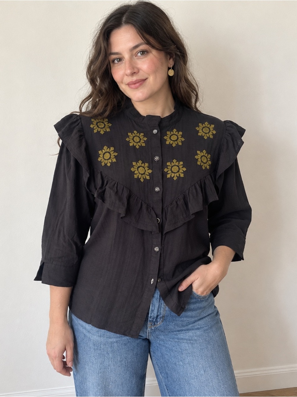 Black Floral Embroidered Ruffle Button-Front Boho Blouse Size 42 Medium